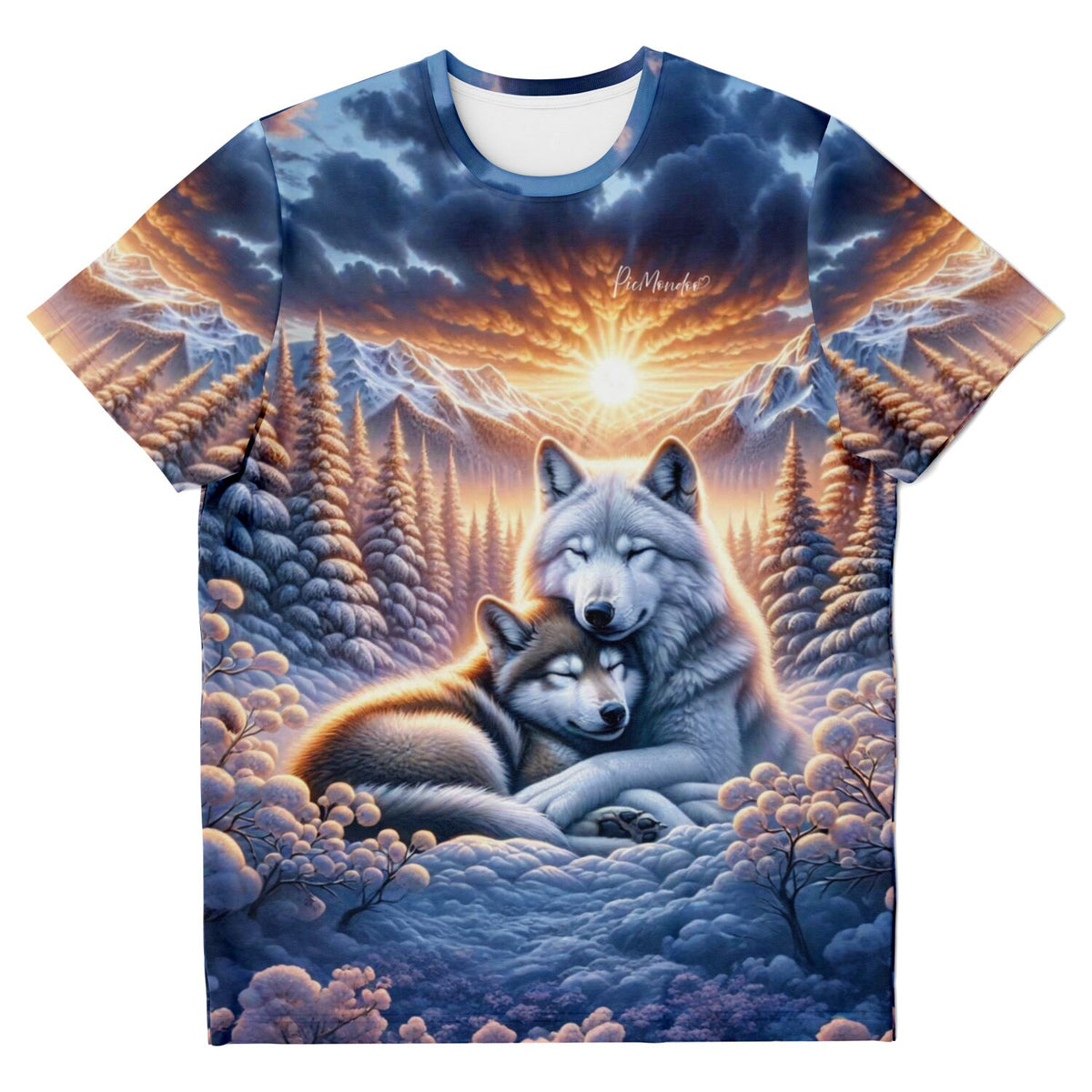 T-Shirt mit zwei kuschelnden Wölfen im Sonnenaufgang, inspiriert von Diamond Painting Motiven und Malen nach Zahlen