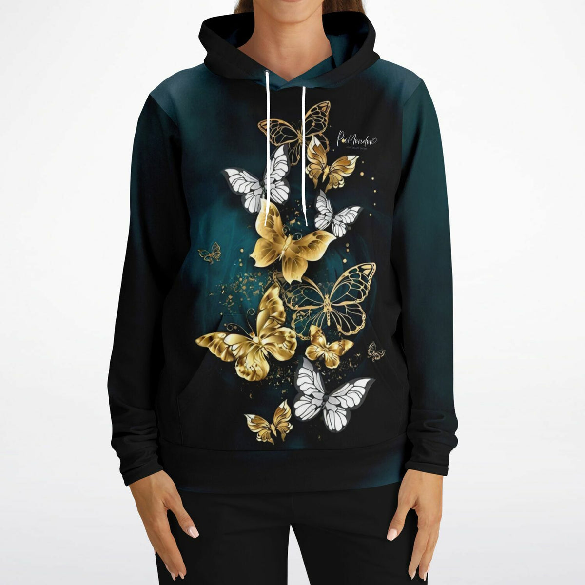 Schwarzer Dreamer Hoodie mit goldenen Schmetterlingen All-over-Print für Fans von Diamond Painting und Kunstmotiven