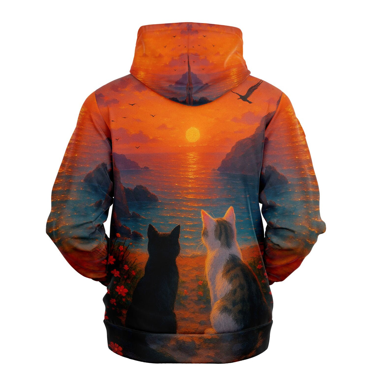 Dreamer Hoodie mit zwei Katzen beim Sonnenuntergang am Meer, Design inspiriert durch Malen nach Zahlen und Diamond Painting
