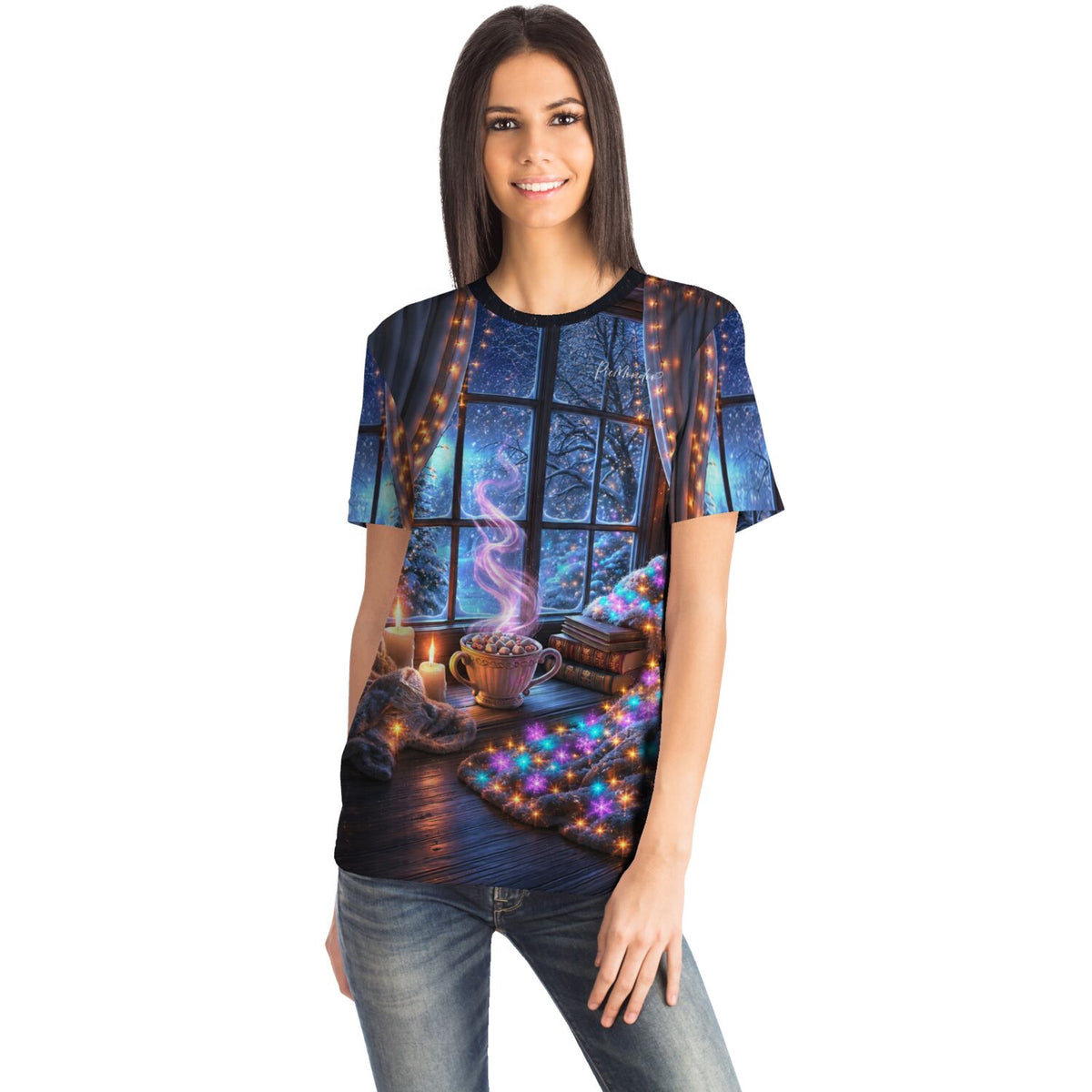 Frau trägt Dreamer T-Shirt mit weihnachtlichem Fenster-Motiv, inspiriert von Diamond Painting und Malen nach Zahlen Designs