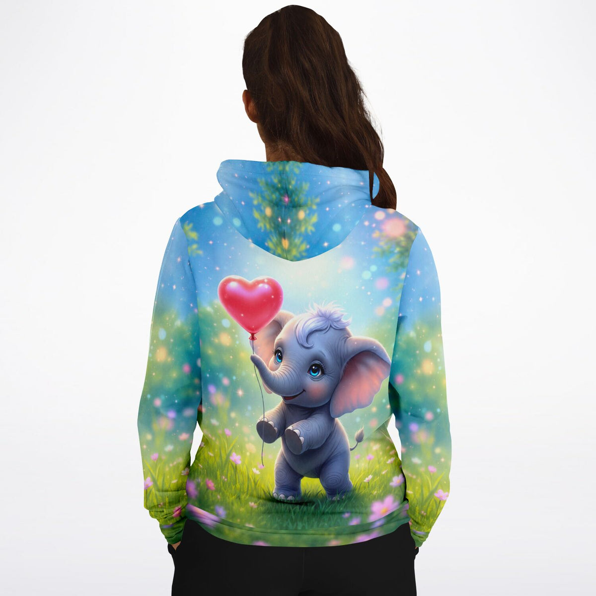 Dreamer Hoodie mit niedlichem Elefanten-Motiv und Herz-Luftballon, farbenfroher Allover-Print im Diamond Painting Style