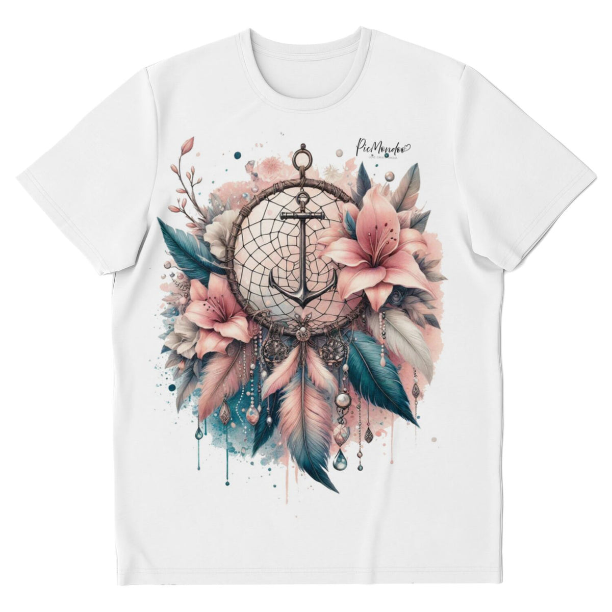 Weißes T-Shirt mit Dreamer Anker Motiv, verziert mit floralen Elementen und Federn im Aquarell-Stil von Picmondoo