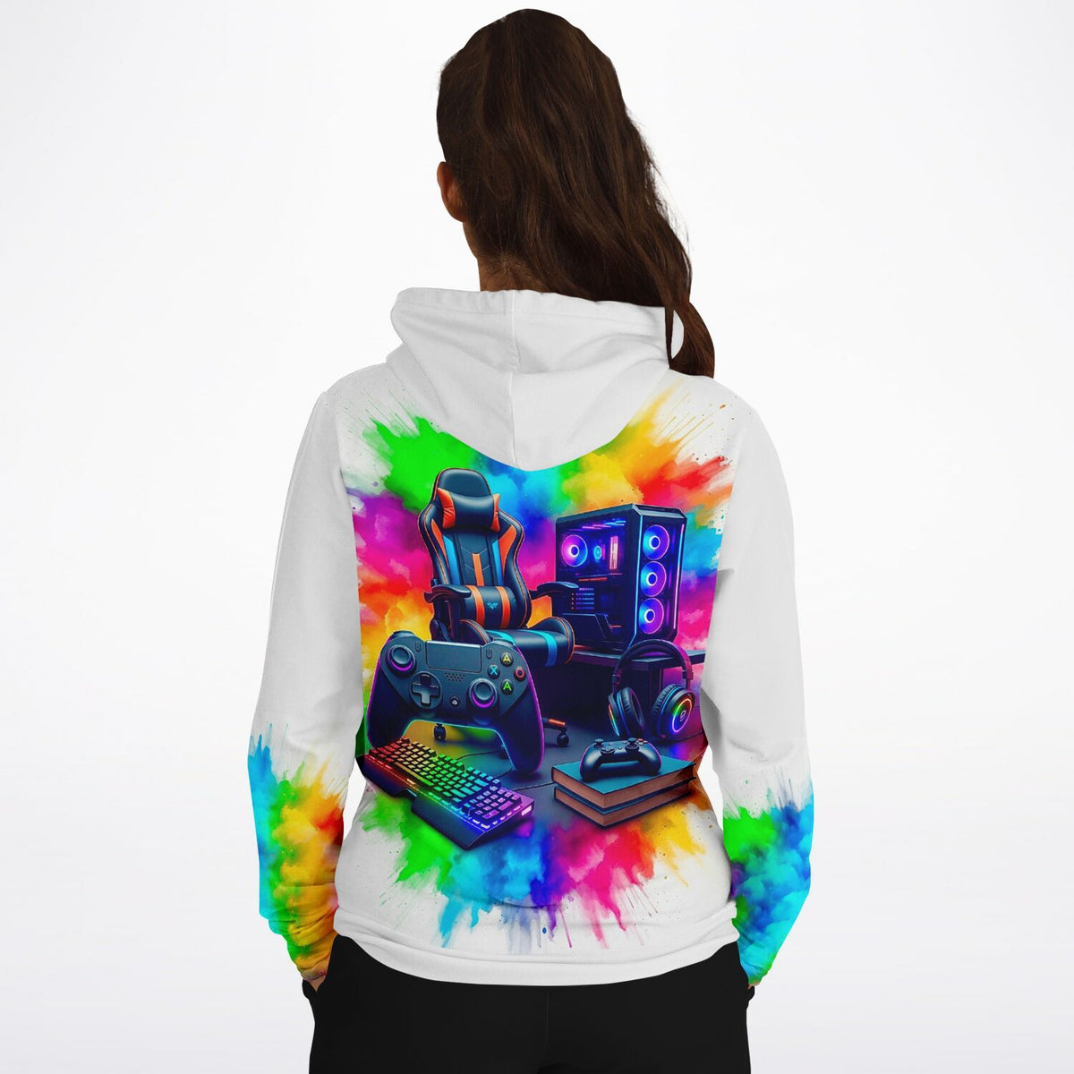 Weißer Hoodie für Gamer mit buntem Gaming-Zone Motiv, inklusive Gaming-Stuhl, Controller und PC auf dem Rücken