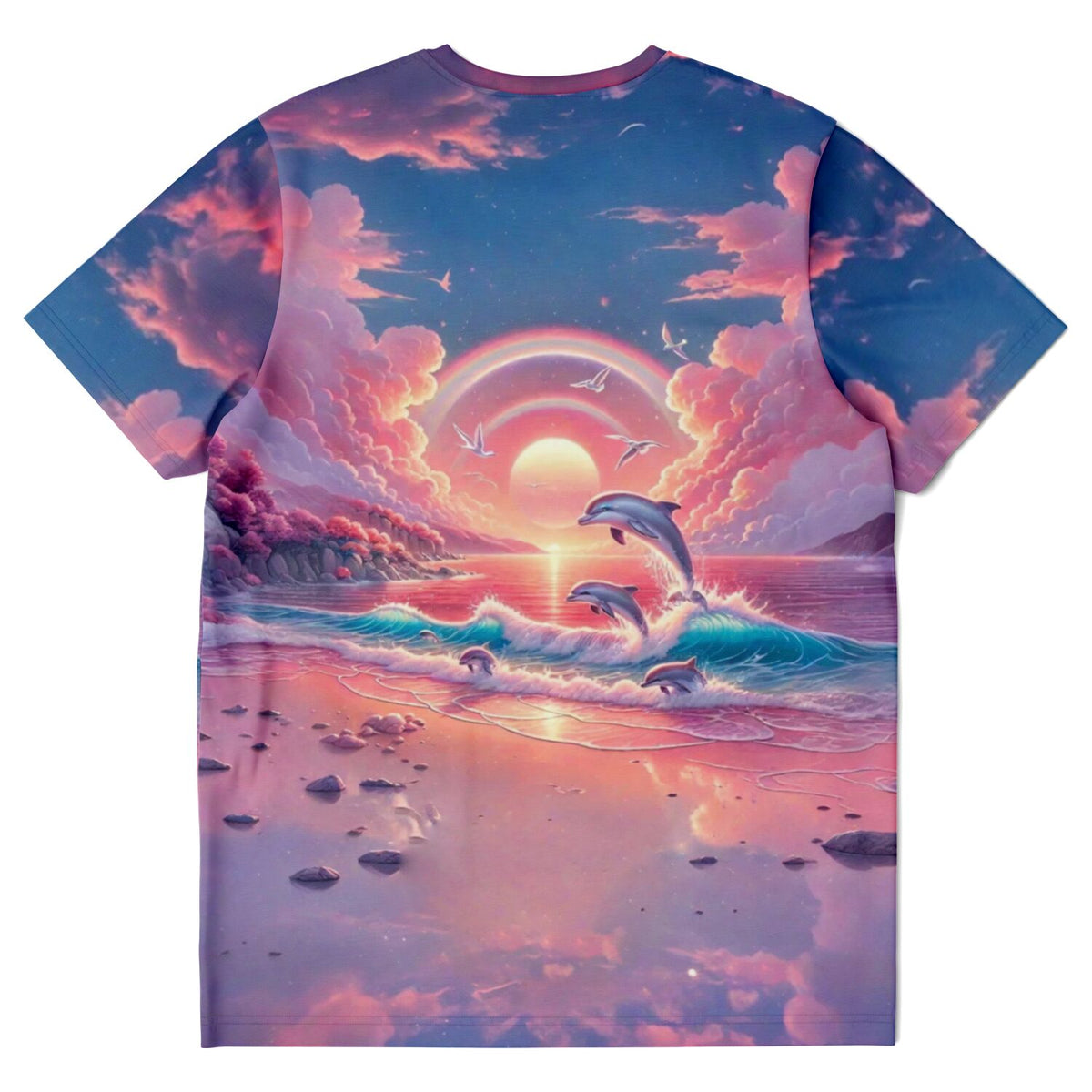 T-Shirt mit künstlerischem Delphin-Motiv bei Sonnenuntergang, inspiriert von Diamond Painting und Malen nach Zahlen Stil.