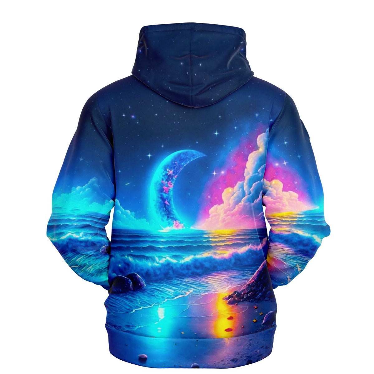 Dreamer Hoodie mit farbenfrohem Strand im Mondschein Design, inspiriert durch Diamond Painting Motive in leuchtenden Farben