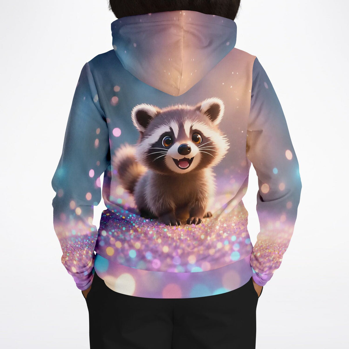 Dreamer Hoodie mit niedlichem Waschbär Purzel Motiv, farbenfroher AOP-Druck in glitzernder Optik