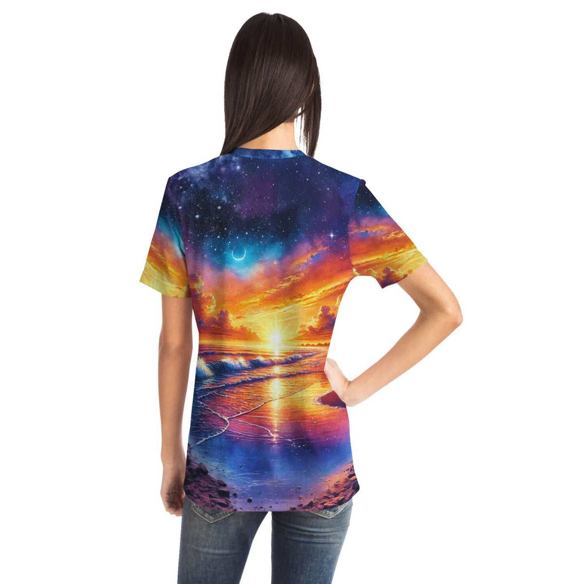 Dreamer T-Shirt mit farbenfrohem Strand-Sonnenuntergang, Sternenhimmel und Ozean-Motiv im Stil von Diamond Painting
