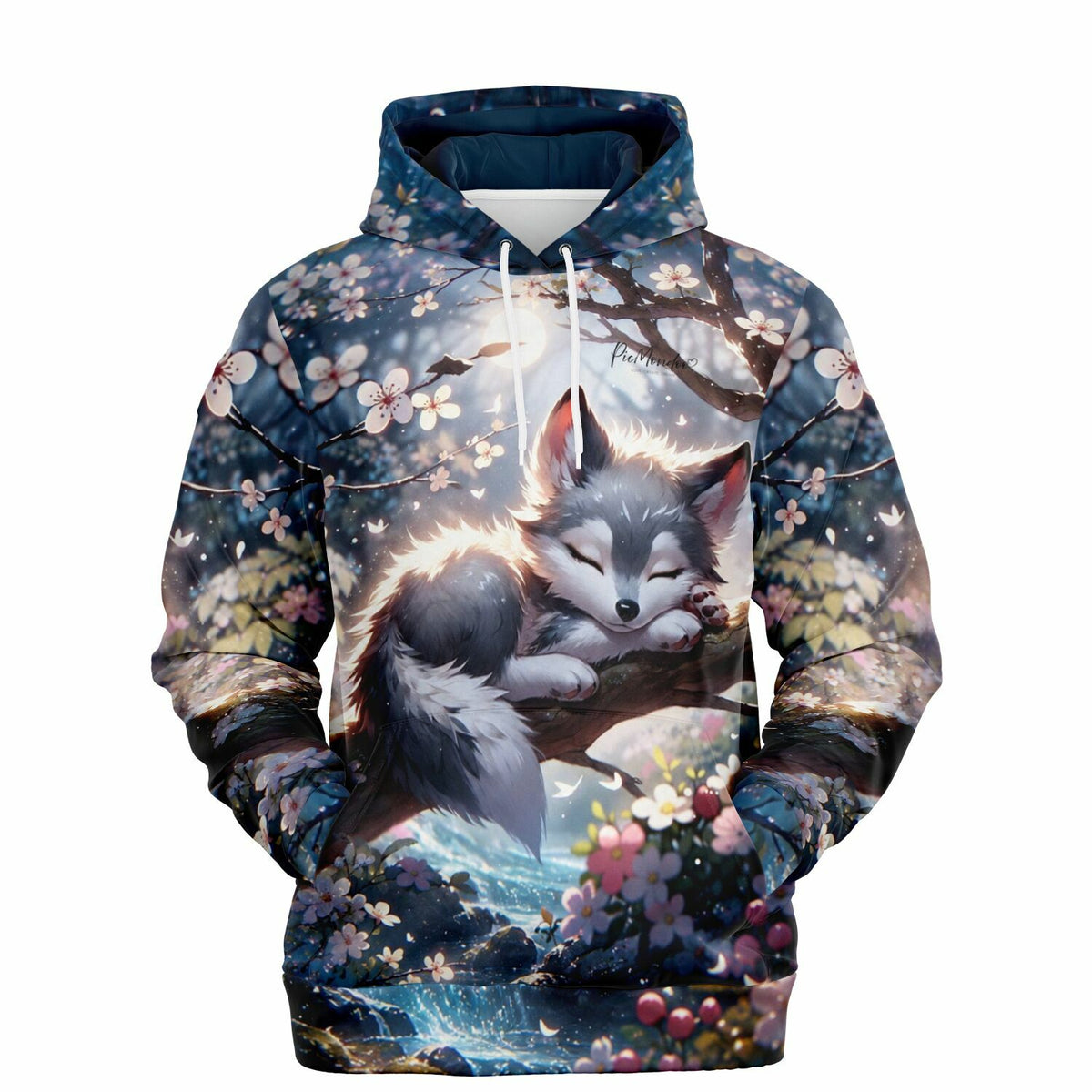 Dreamer Hoodie von Picmondoo mit Yuki-Wolfmotiv, umgeben von blühenden Kirschblüten im Frühlingsdesign