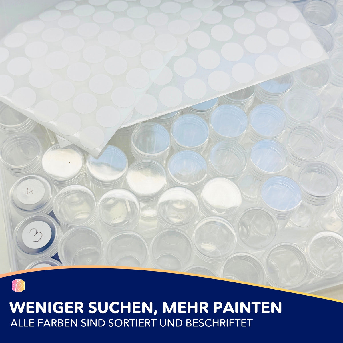 Diamond Painting Aufbewahrungsbox mit 80 leeren Döschen und Aufklebern zur Sortierung von Diamanten