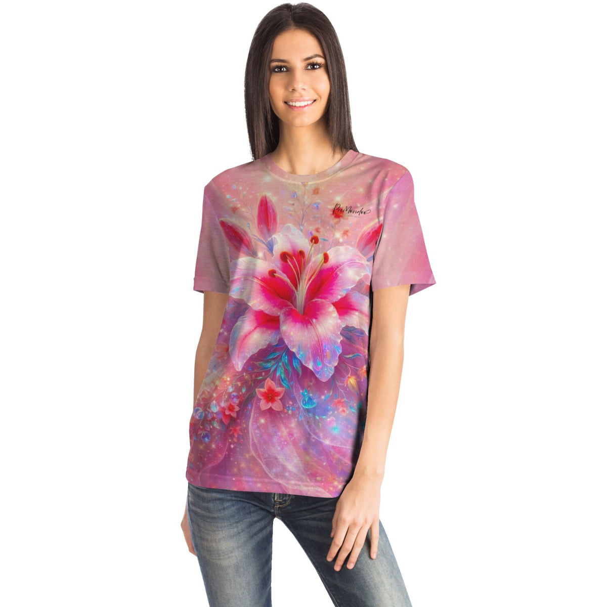 Frau trägt ein rosafarbenes T-Shirt mit Lilien-Motiv im Stil von Diamond Painting und Malen nach Zahlen Kunstwerken