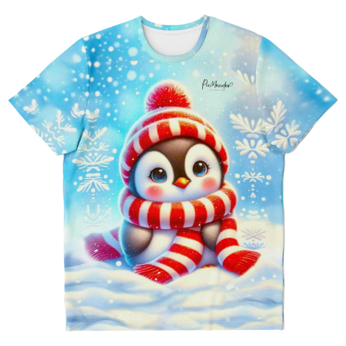Blaues T-Shirt mit süßem Pinguin Motiv, gestreiftem Schal und Mütze im Winter-Design für Diamond Painting Fans.
