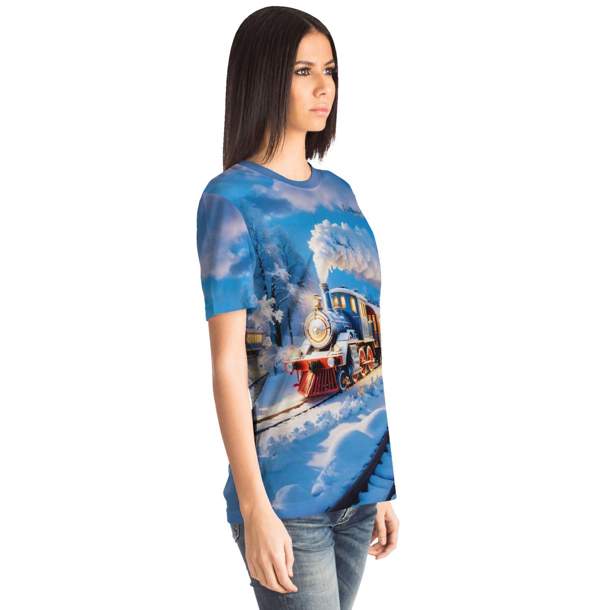 Frau trägt T-Shirt mit Night Train Motiv im Stil von Diamond Painting und Malen nach Zahlen für Erwachsene
