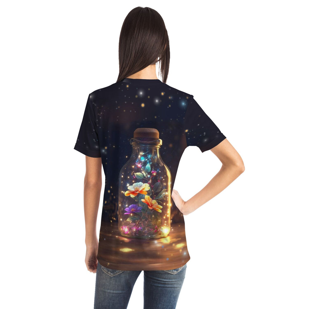T-Shirt Leuchtender Blütenzauber mit magischem Blumen-in-Flasche-Motiv, als Inspiration für Diamond Painting Fans.