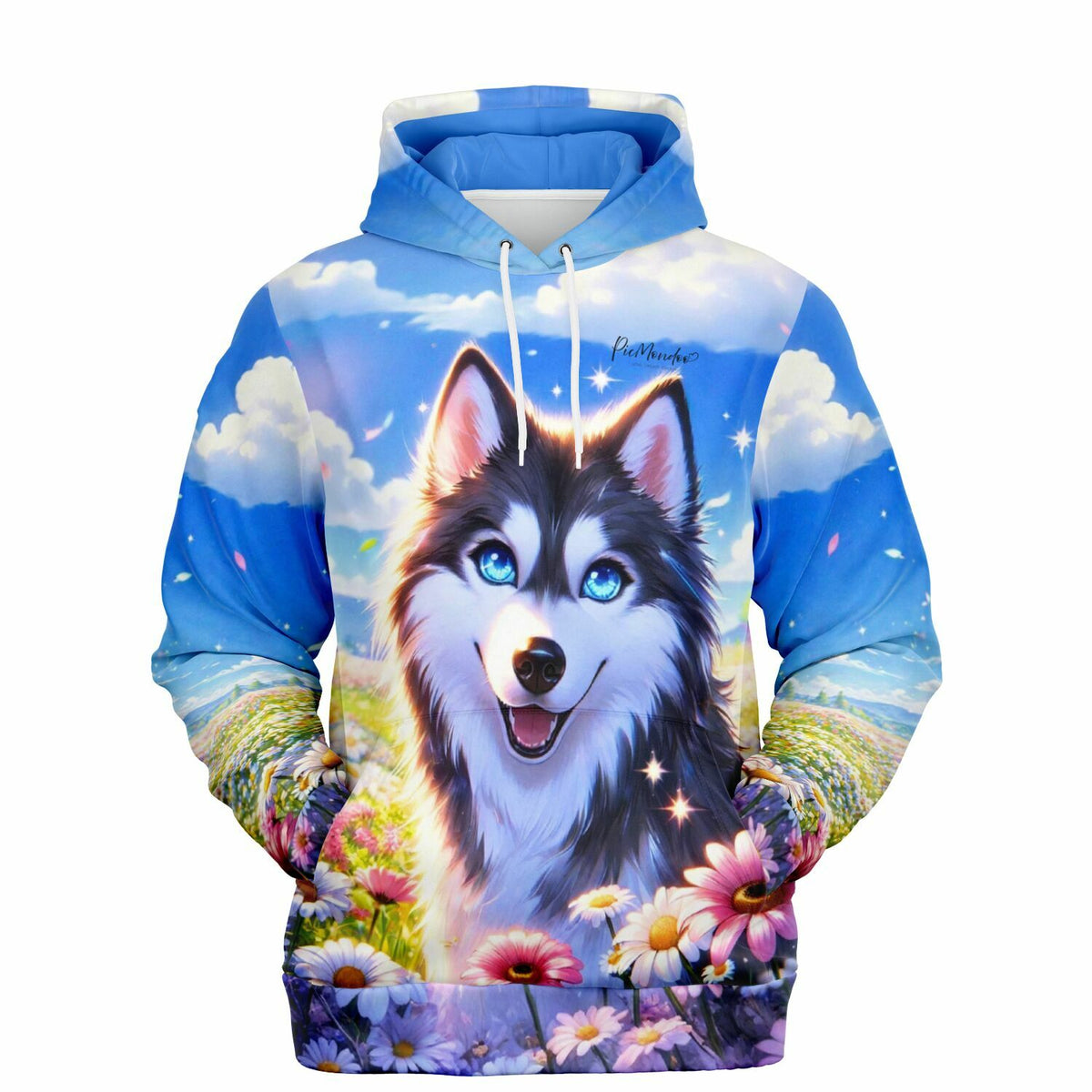 Dreamer Hoodie mit Husky-Motiv, Blumenwiese und blauem Sommerhimmel, perfekt für Fans von Malen nach Zahlen und Diamond Painting