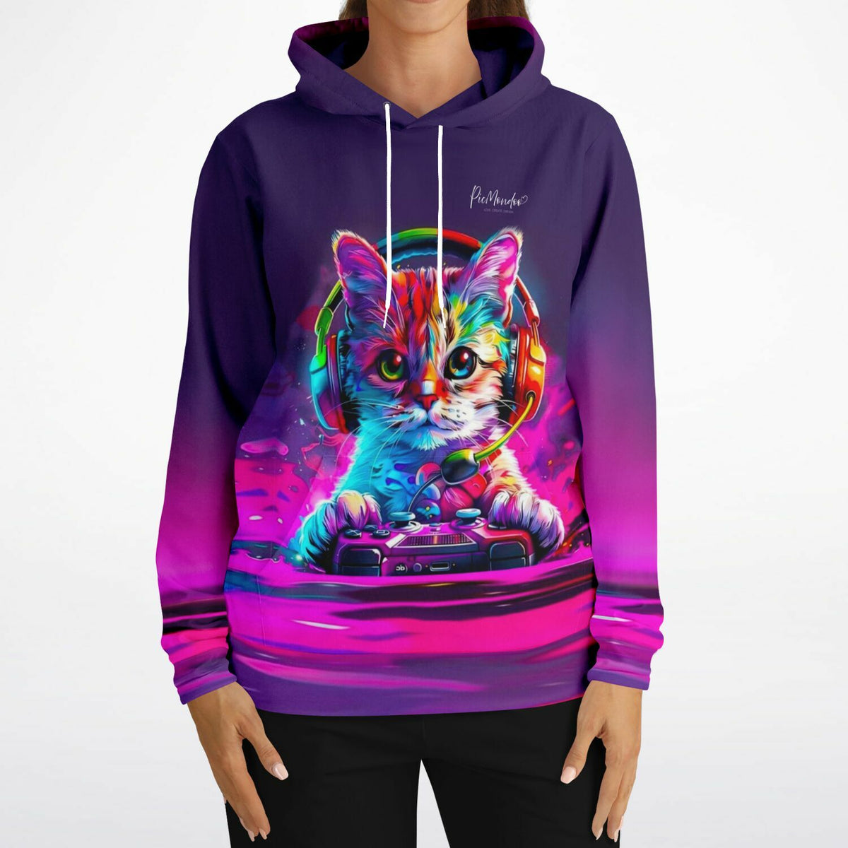 Lila Hoodie für Gamer mit buntem Gaming-Katzen Motiv im Malen nach Zahlen Stil
