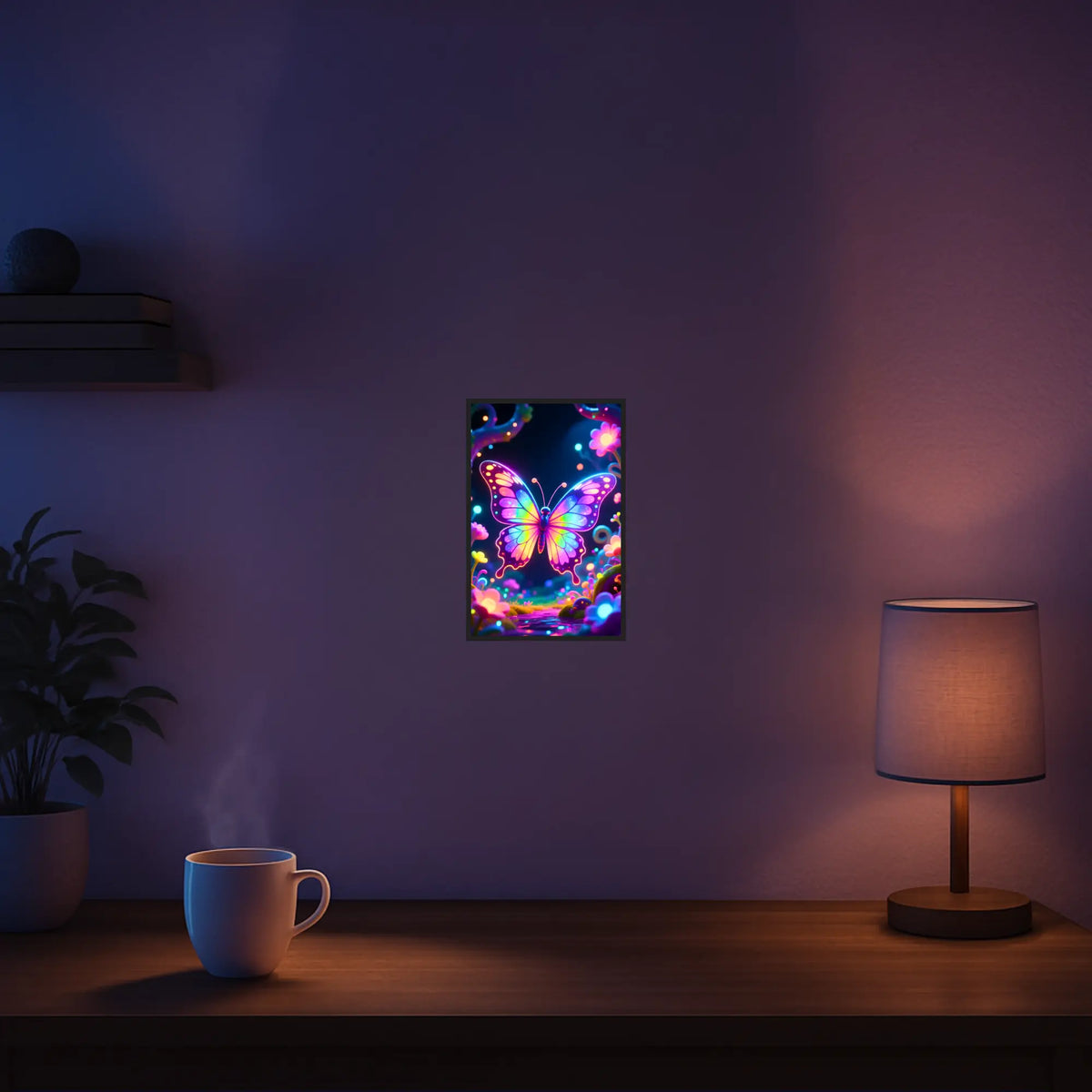 Diamond Painting Set Flügel der Schleier: Bunter, leuchtender Schmetterling in magischer Nacht mit neonfarbenen Blüten