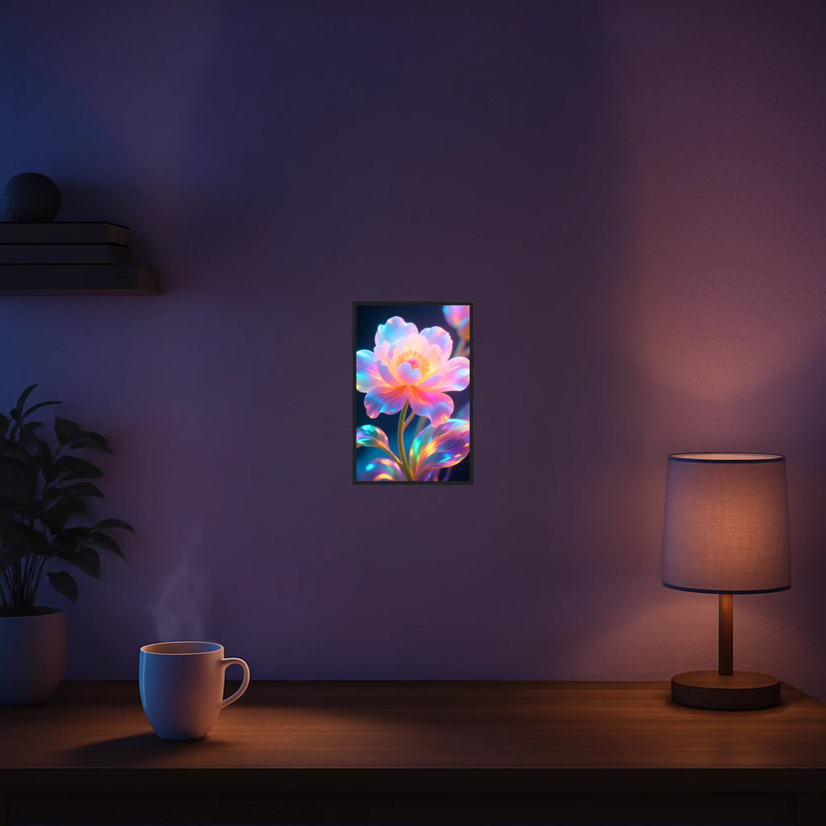 Diamond Painting Set Inneres Leuchten mit leuchtender Fantasy-Blume in Regenbogenfarben als Wanddekoration