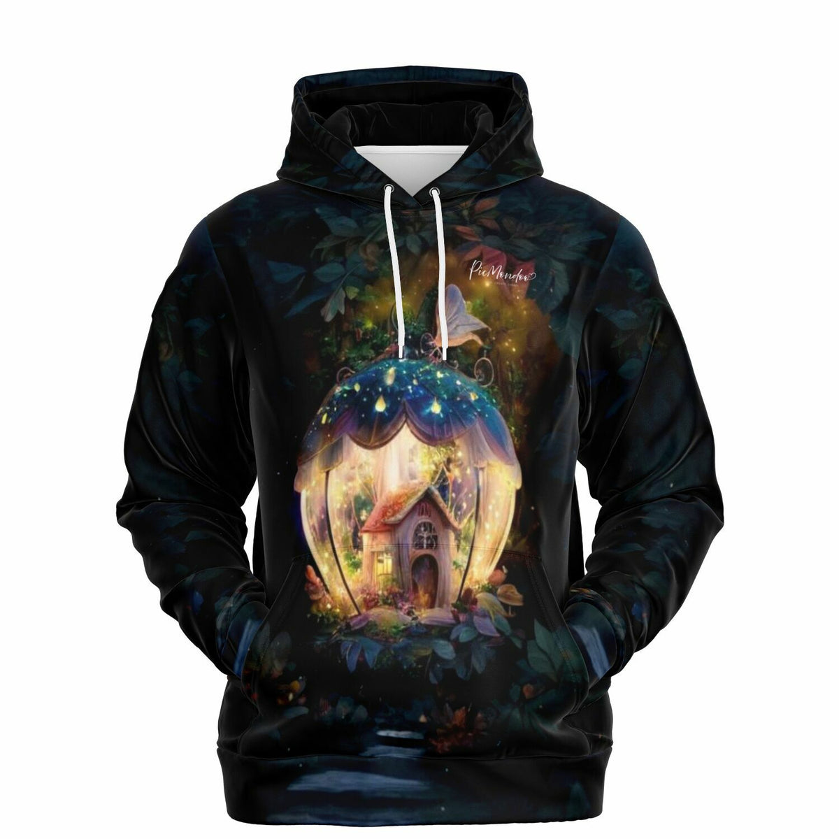 Schwarzer Picmondoo Hoodie mit Fantasiehaus-Motiv, inspiriert von magischen Diamond Painting und Malen nach Zahlen Designs.
