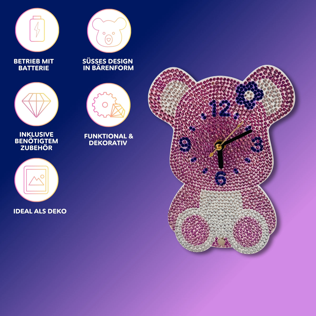 Diamond Painting Standuhr Bär mit rosa Glitzersteinen und Blumenmotiv als dekoratives DIY-Bastelset für Zuhause