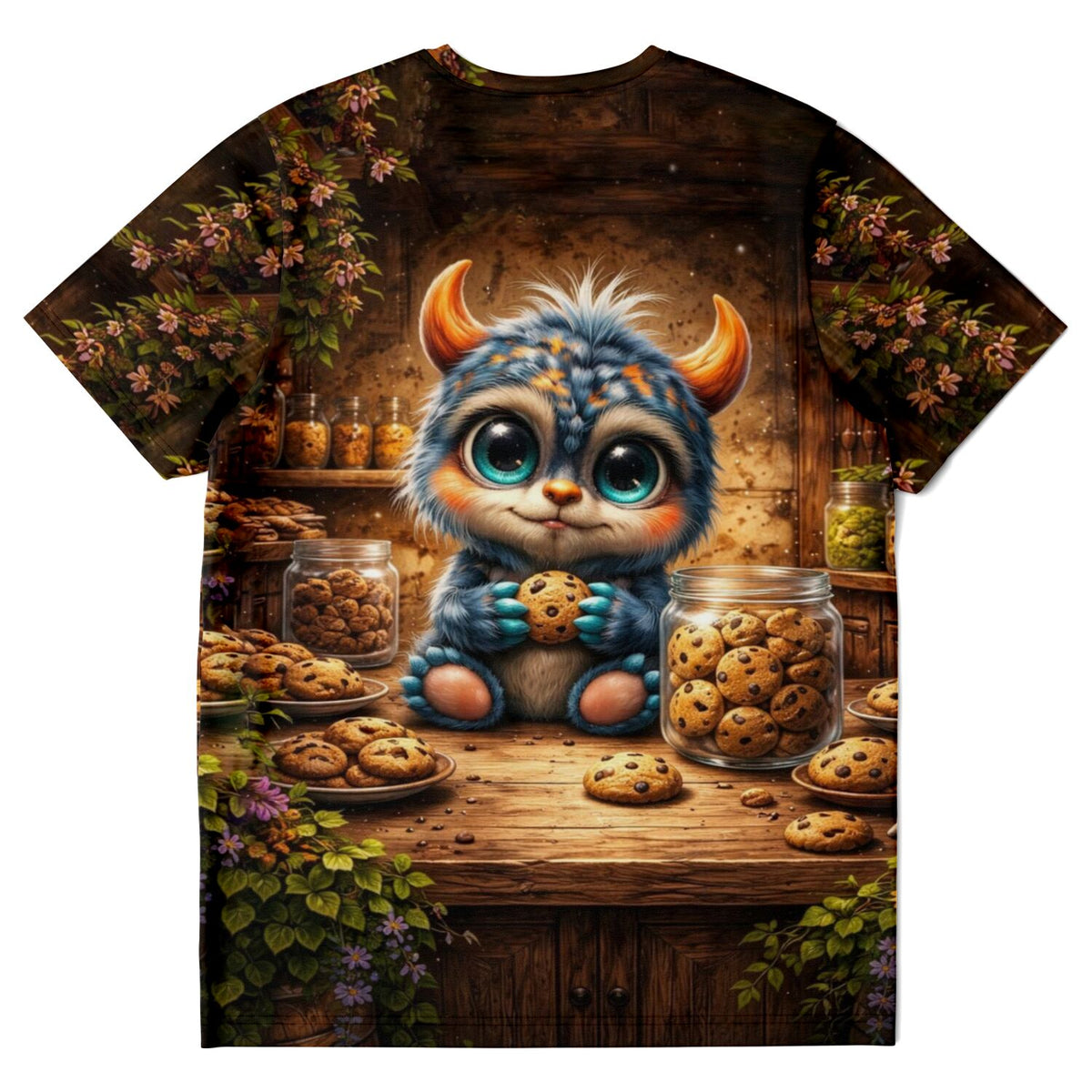 T-Shirt mit süßem Monster-Motiv und Cookies, inspiriert von beliebten Malen nach Zahlen und Diamond Painting Designs.