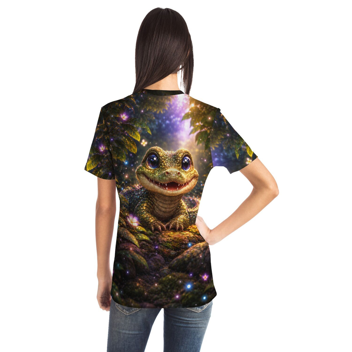 T-Shirt mit süßem Baby-Krokodil im Zauberwald, kunstvoller Vollflächiger Sublimationsdruck