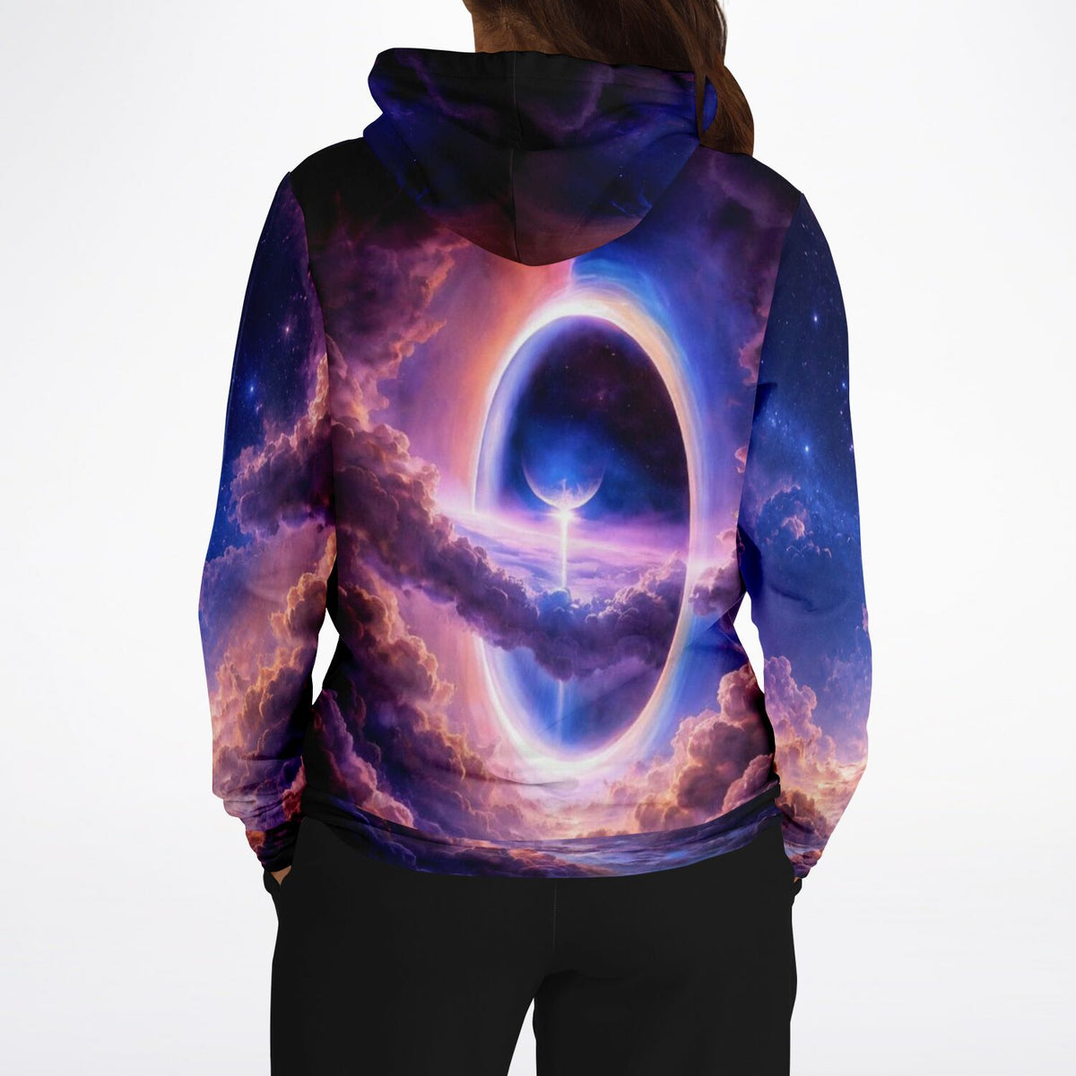 Dreamer Hoodie mit galaktischem Tor Motiv, farbenfroher Weltraum-Print in Lila und Blau für Fans kreativer Kunst