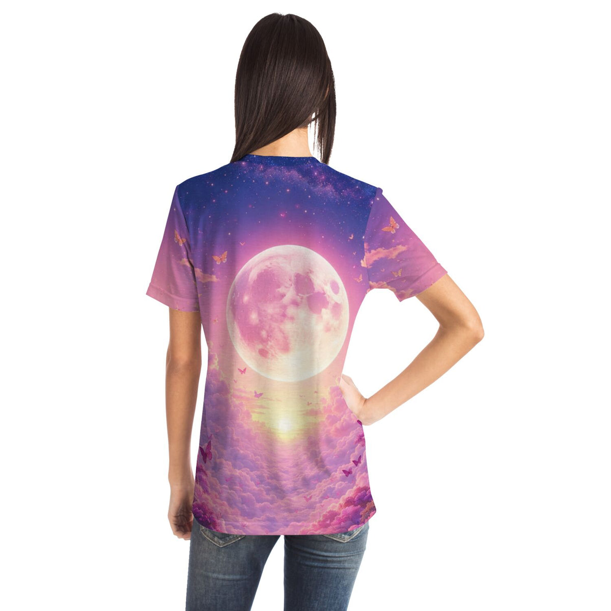 Dreamer T-Shirt Wolkenreich mit Vollmond, rosa Wolken und Schmetterlingen im Stil von Diamond Painting Motiven