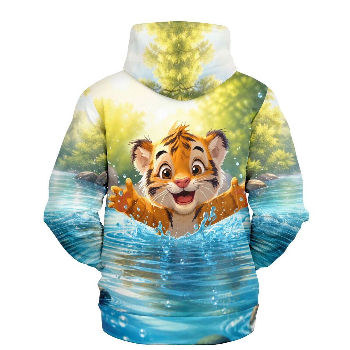 Dreamer Hoodie mit süßem Tiger-Motiv beim Spielen im Wasser, hochwertiger Allover-Print für Tierliebhaber