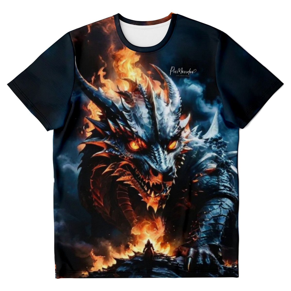 Schwarzes T-Shirt mit feurigem Drachen-Motiv im Stil von Diamond Painting und Malen nach Zahlen Kunstwerken