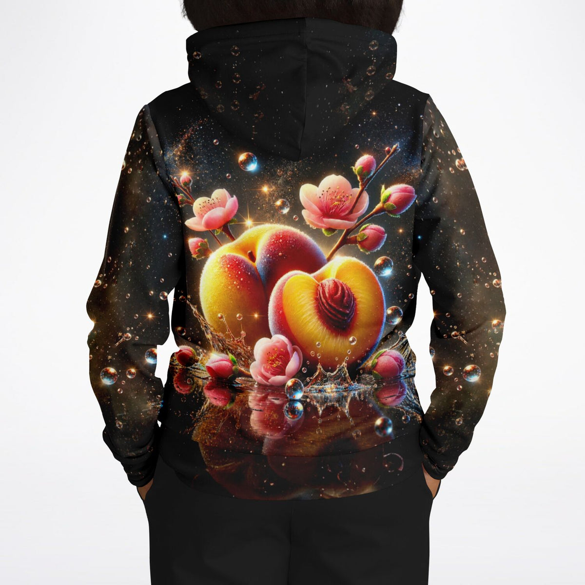 Schwarzer All-over-Print Hoodie mit Pfirsich-Motiv, Blüten und Wassertropfen im kosmischen Kunst-Design für DIY-Fans