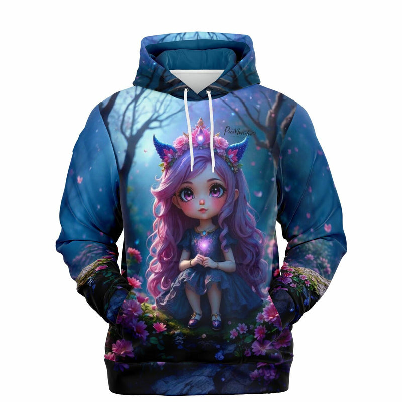 Dreamer Hoodie Little Violett mit Fantasy-Motiv Mädchen im Blumenwald im Stil von Diamond Painting und Malen nach Zahlen