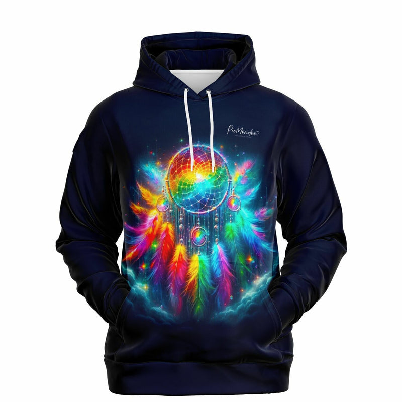 Dunkelblauer Dreamer Hoodie mit buntem leuchtenden Traumfänger-Motiv und Federn, passend zu Diamond Painting Designs