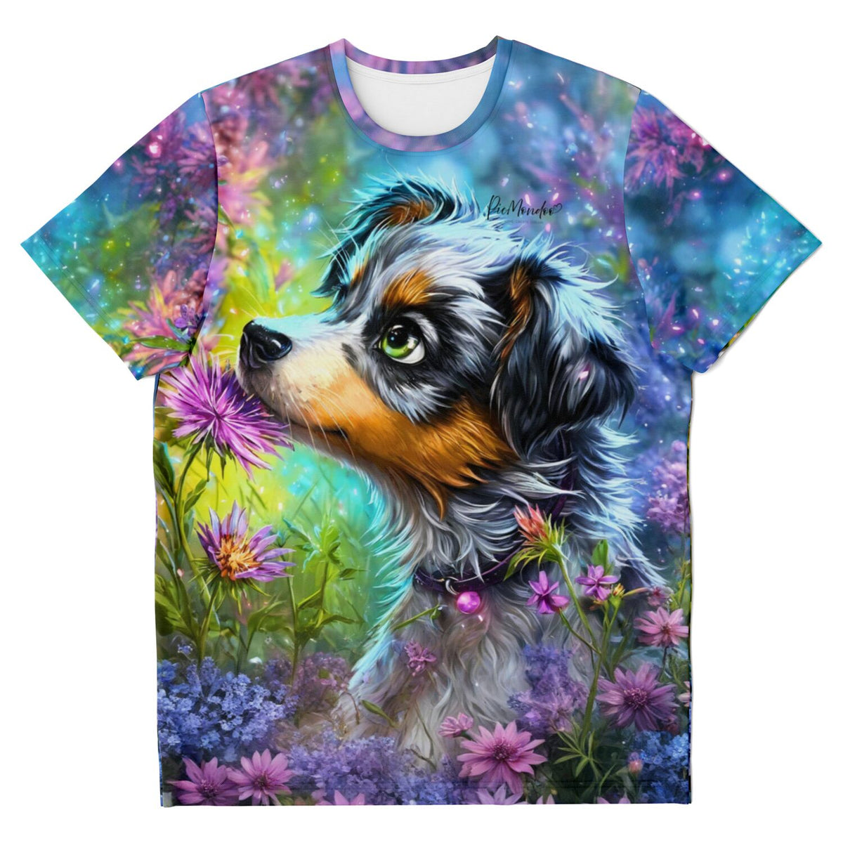 T-Shirt mit buntem Welpen-Motiv im Stil von Diamond Painting und Malen nach Zahlen Kunstwerken, umgeben von Blumen.
