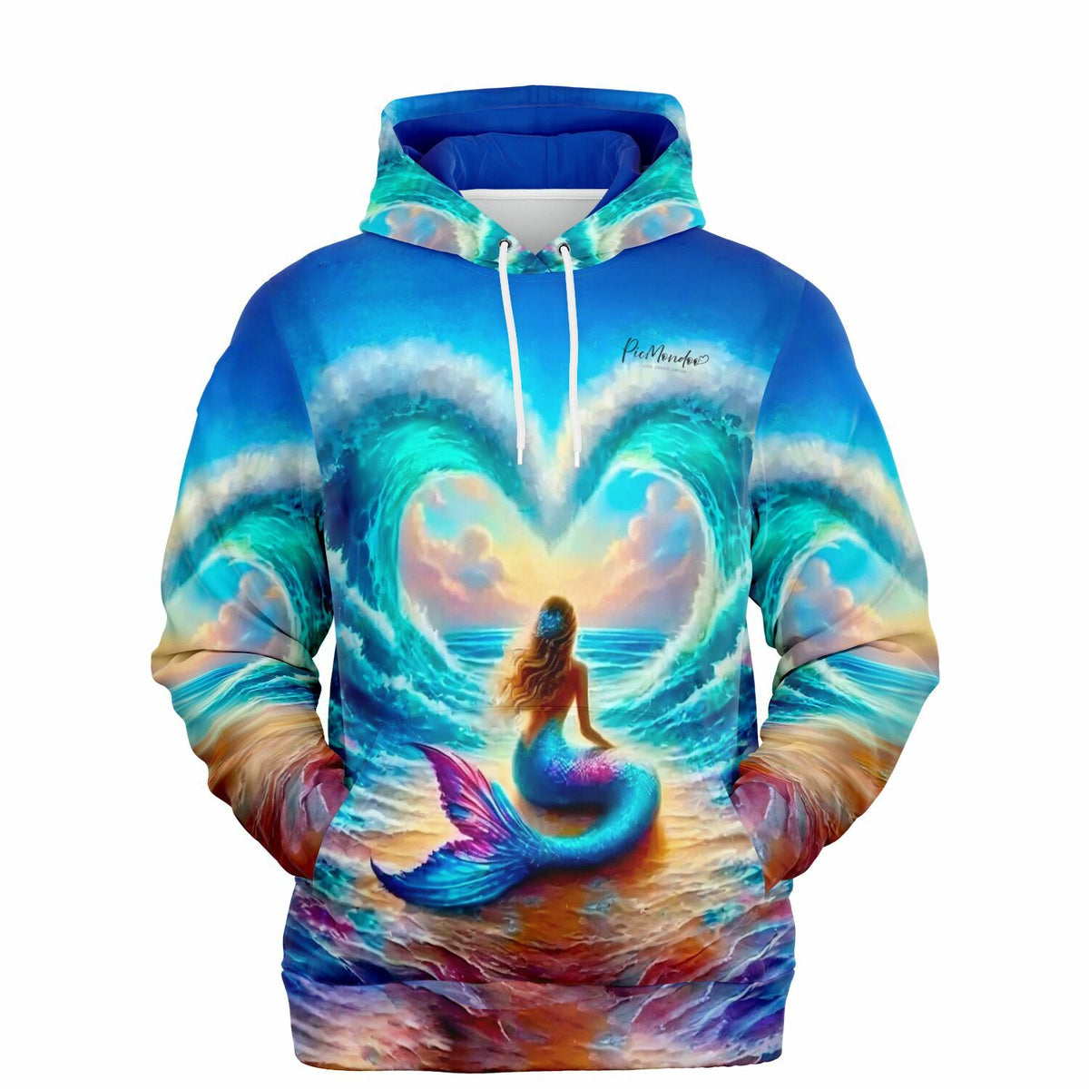 Dreamer Hoodie mit Meerjungfrau Motiv und herzförmiger Welle im bunten Diamond Painting Design von Picmondoo