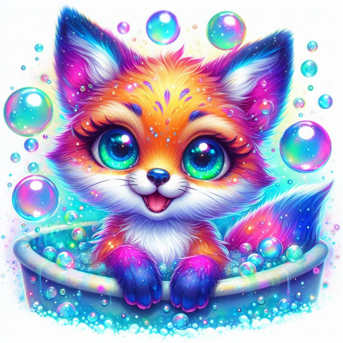 Süßes Diamond Painting Set Mini fuchs in buntem Schaumbad mit Seifenblasen auf weißem Hintergrund