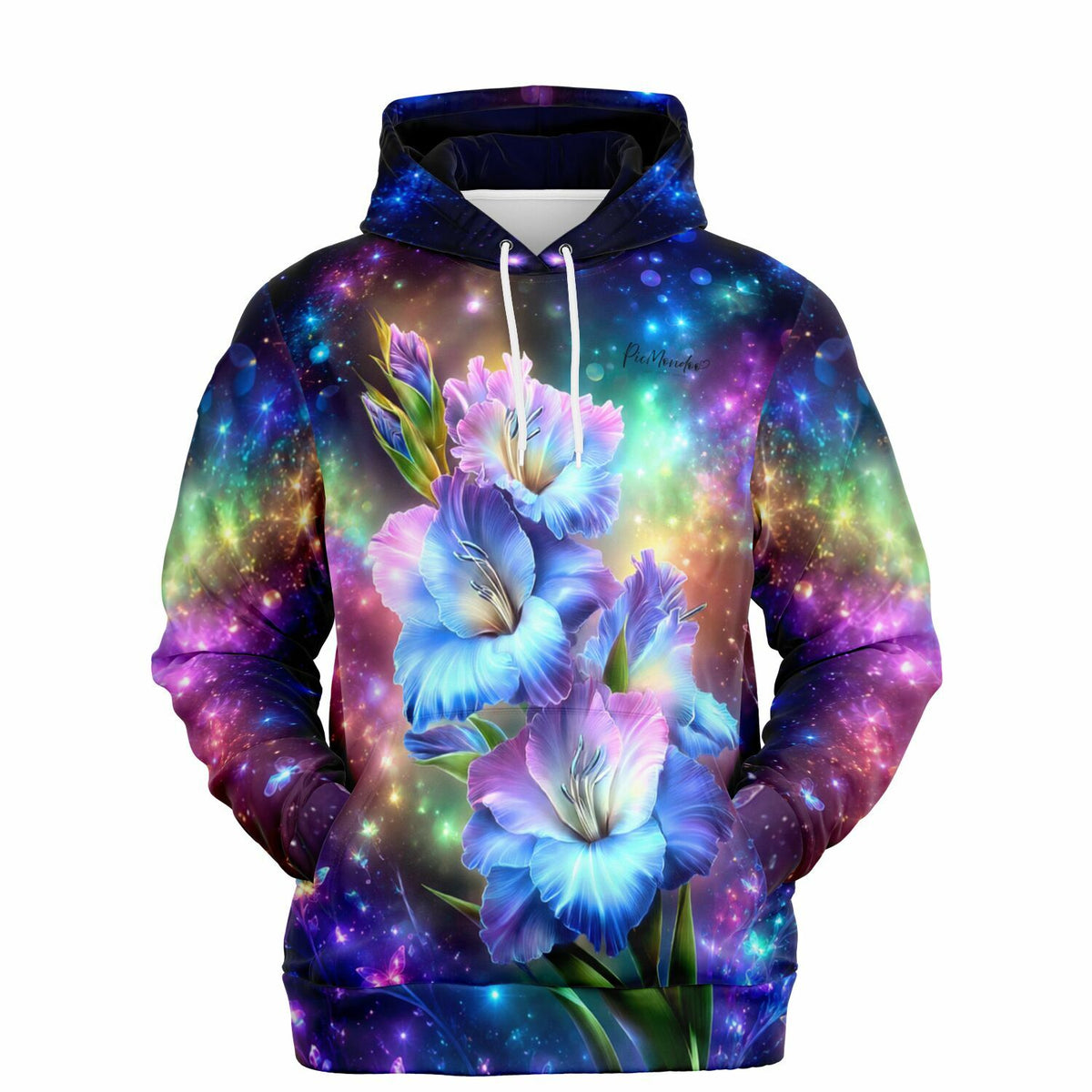 Dreamer Hoodie mit farbenfrohem Gladiolen-Motiv vor kosmischem Galaxie-Hintergrund in leuchtenden Lila- und Blautönen