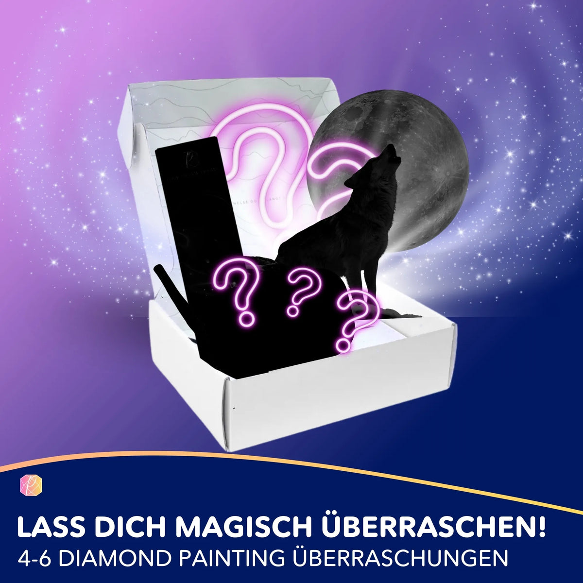 Diamond Painting Mystery-Box Wolves Edition mit Wolfsmotiv, Vollmond und leuchtenden Fragezeichen vor Sternenhintergrund