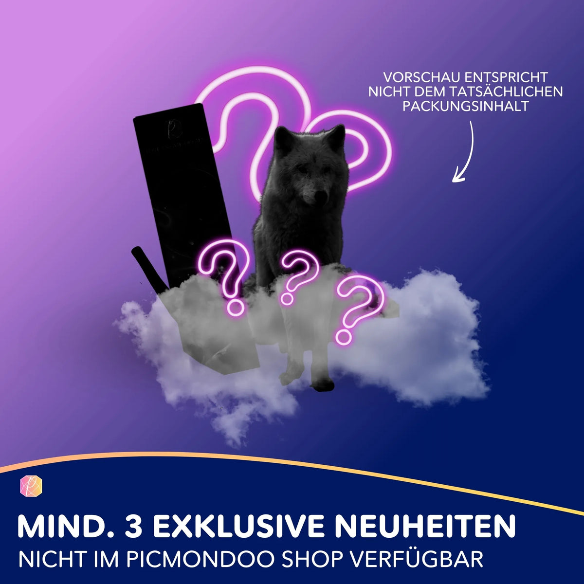 Diamond Painting Mystery Box Wolves Edition mit Wolfsmotiv und neonfarbenen Fragezeichen auf violettem Hintergrund