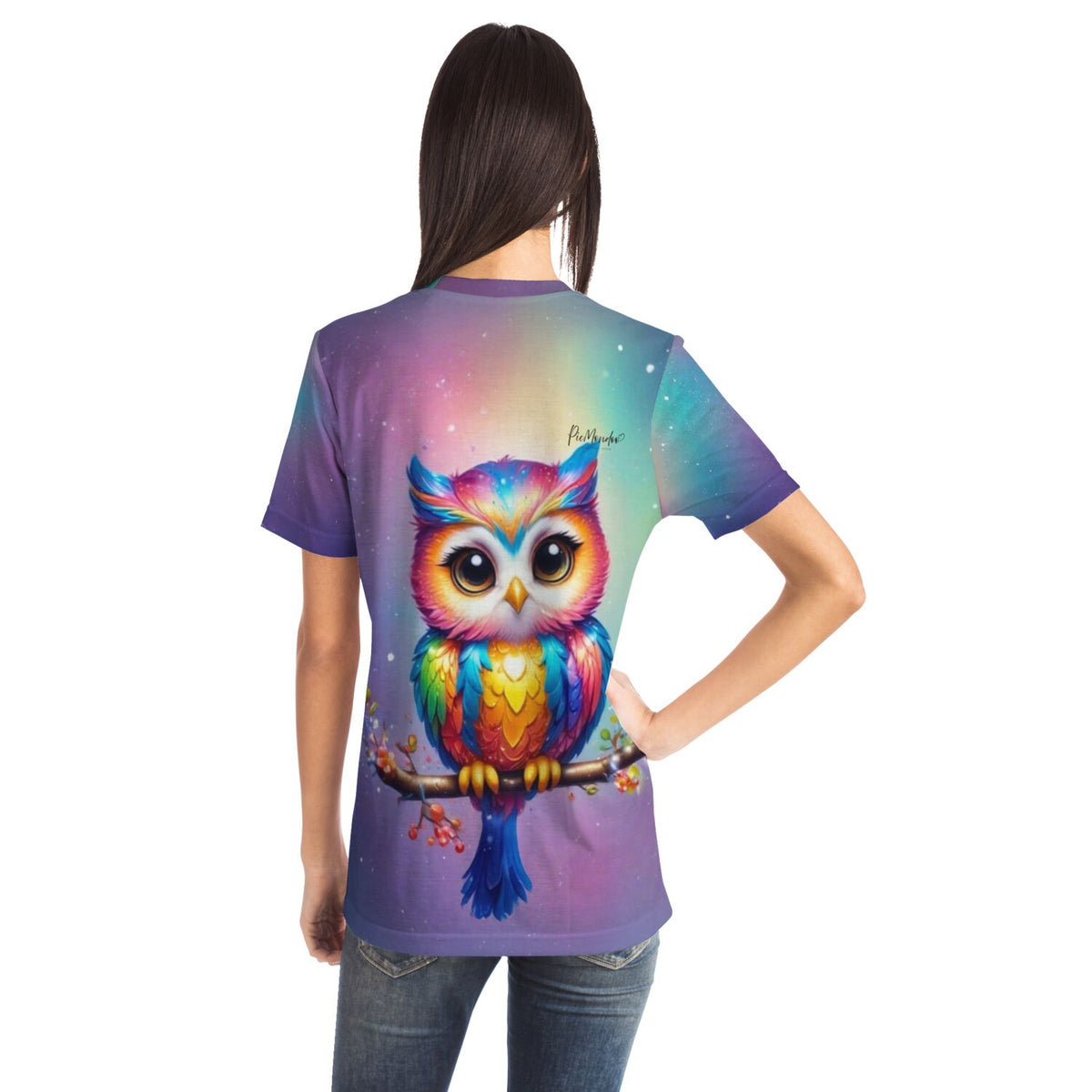 T-Shirt mit buntem Eulen-Motiv im Diamond Painting Stil, das an beliebte Malen nach Zahlen Designs erinnert.