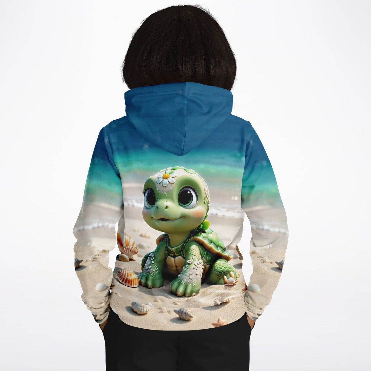 Hoodie mit süßem Schildkröte-Motiv am Strand, farbenfrohes AOP-Design ideal für Fans von Malen nach Zahlen und Kunst.