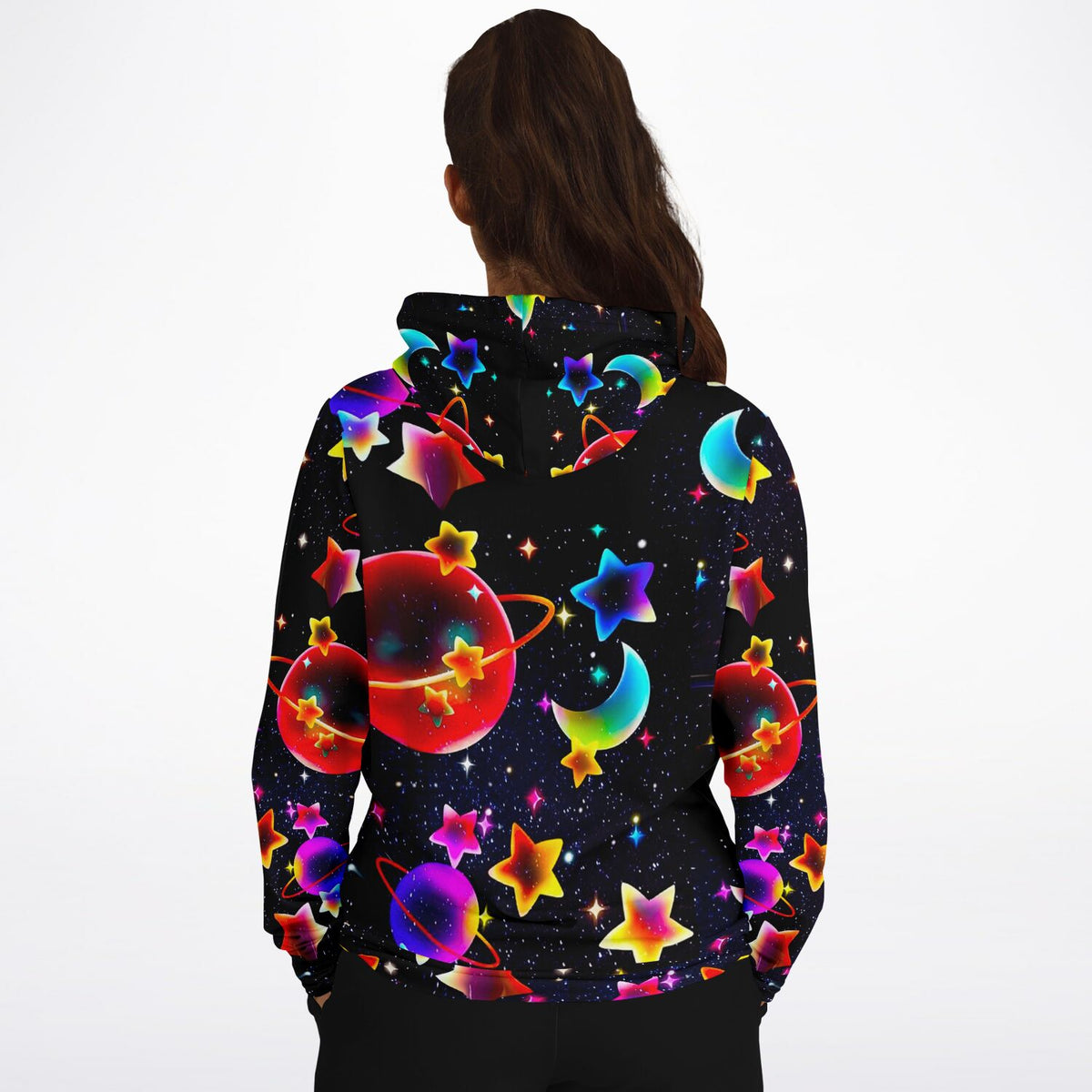 Dreamer Hoodie für Kinder mit buntem Weltraum-Muster, Planeten, leuchtenden Sternen und Monden im All-Over-Print Design.