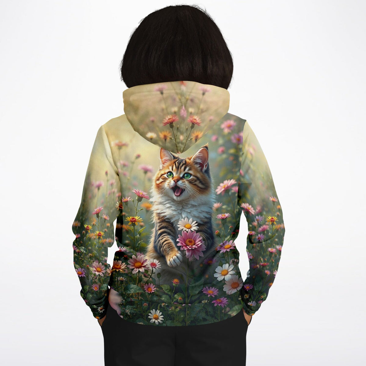 Dreamer Hoodie mit niedlichem Katzen-Motiv in einer Blumenwiese, inspiriert von Malen nach Zahlen Designs