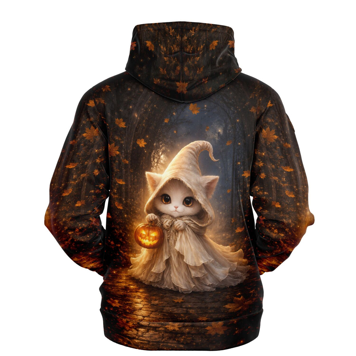 Dreamer Hoodie mit niedlichem Katzen-Hexen-Motiv, Kürbislaterne und herbstlichem Wald-Design in hochwertigem All-Over-Print