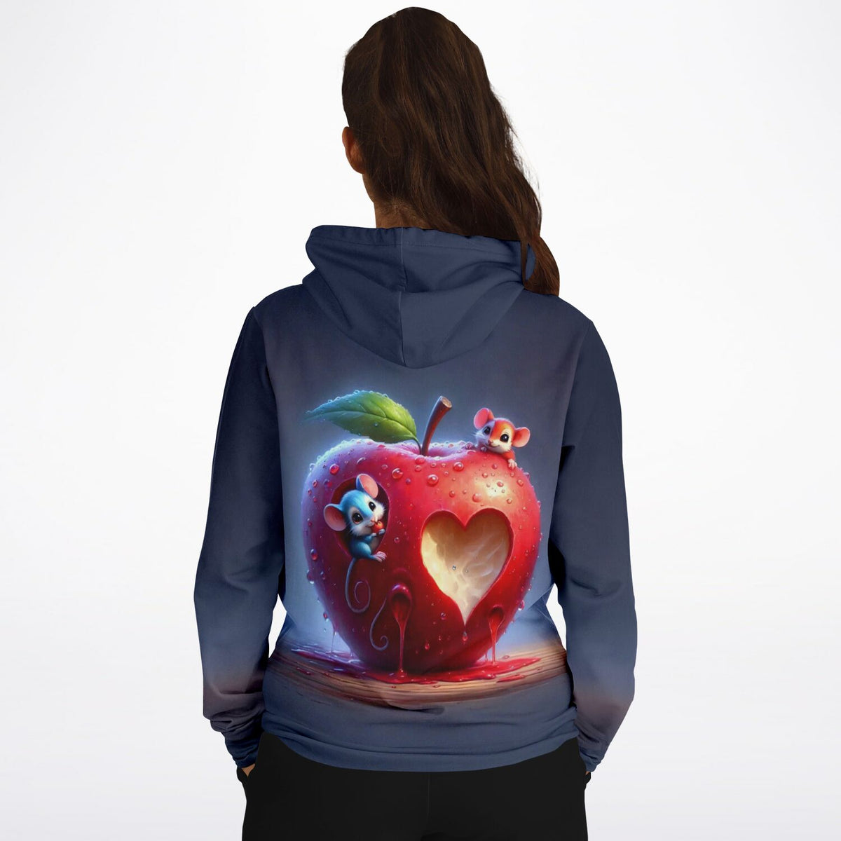 Dreamer Hoodie mit Motiv Liebe im Mäusehaus, zwei süße Mäuse an rotem Apfel mit Herz-Ausschnitt für DIY-Fans