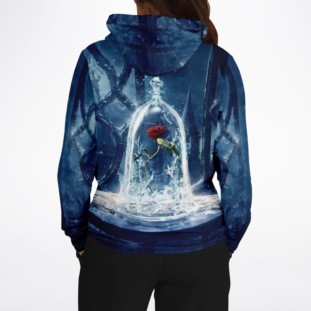 Dreamer Hoodie mit mystischem Rose im Wunderglas Motiv, AOP-Druck in Dunkelblau, inspiriert von Diamond Painting Kunst