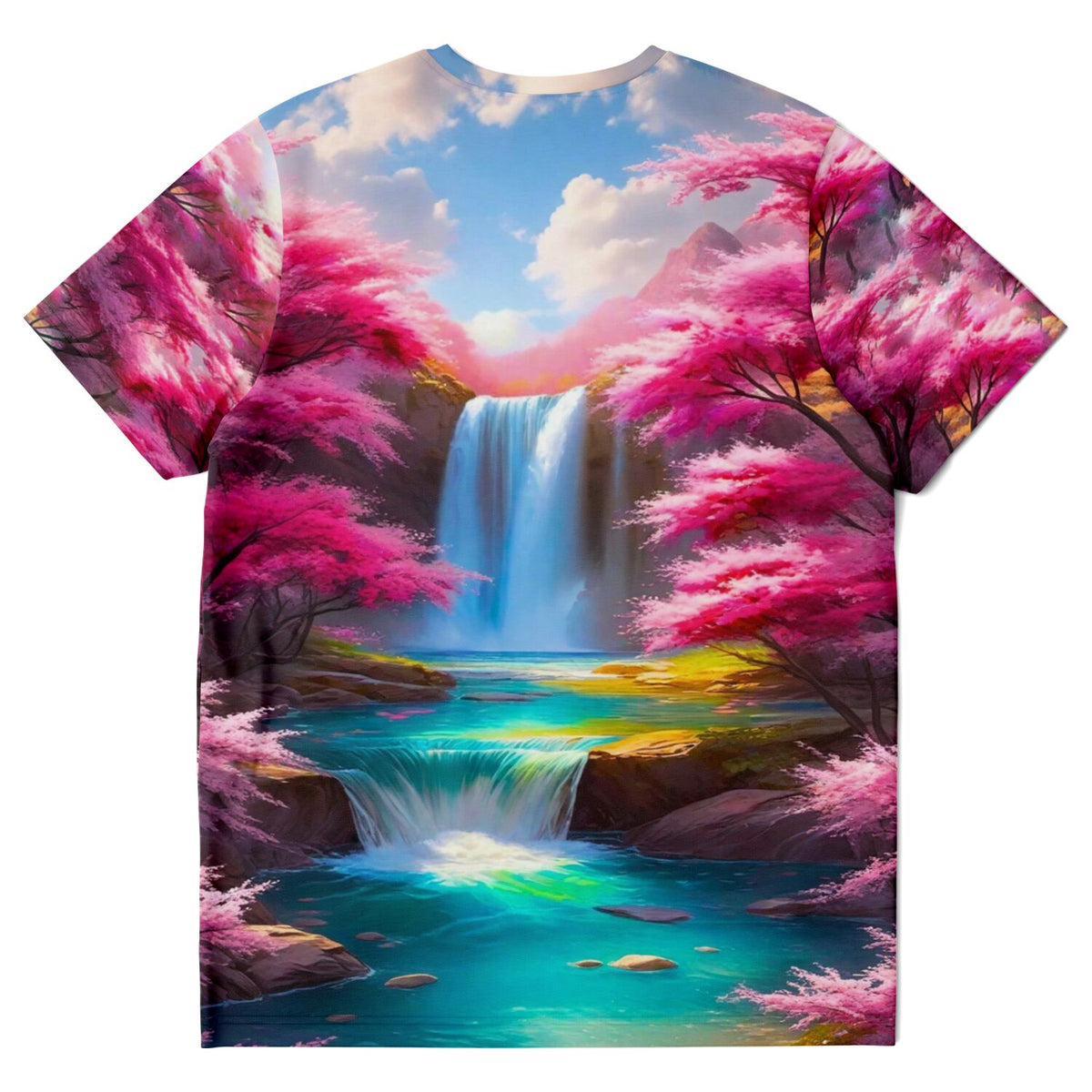 T-Shirt mit Kirschblüten und Wasserfall-Motiv, inspiriert von kunstvollen Malen nach Zahlen und Diamond Painting Vorlagen