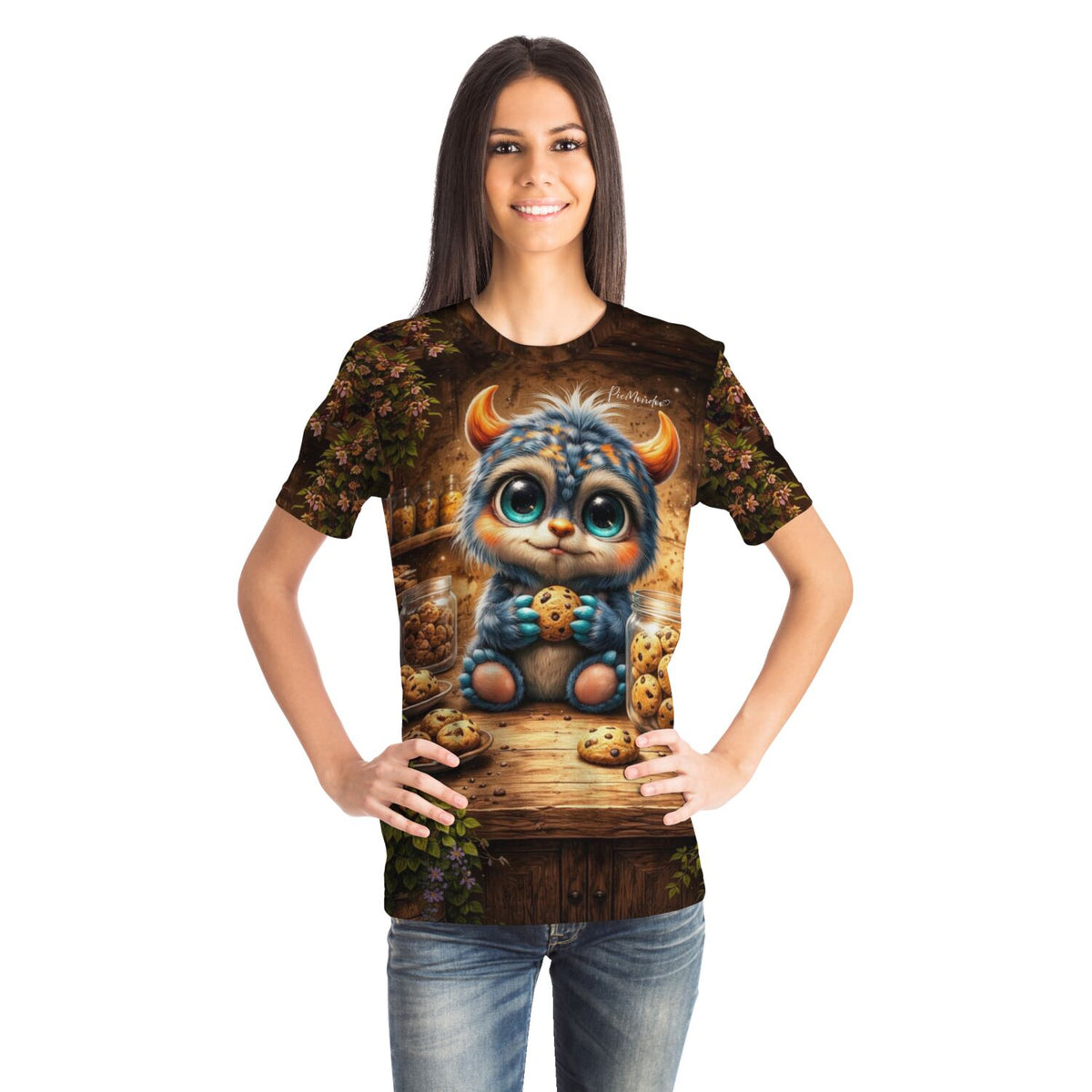 Frau trägt ein T-Shirt mit niedlichem Keks-Monster-Motiv, bekannt aus unseren Diamond Painting und Malen nach Zahlen Sets.