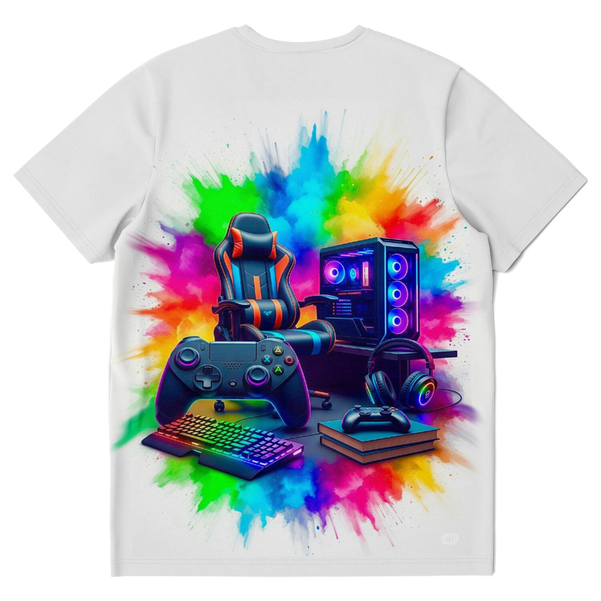 Weißes Gaming T-Shirt mit buntem Gaming-Zone Motiv aus Headset, Controller und PC, passend zum Diamond Painting Stil.