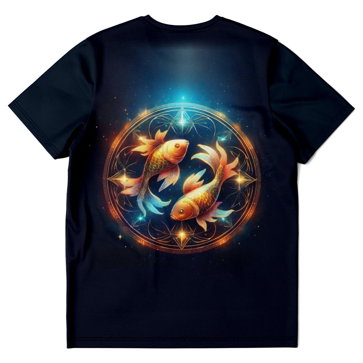 Schwarzes T-Shirt mit leuchtendem Sternzeichen-Motiv Fische in Gold und Blau, ideal für Fans von Diamond Painting Kunst.