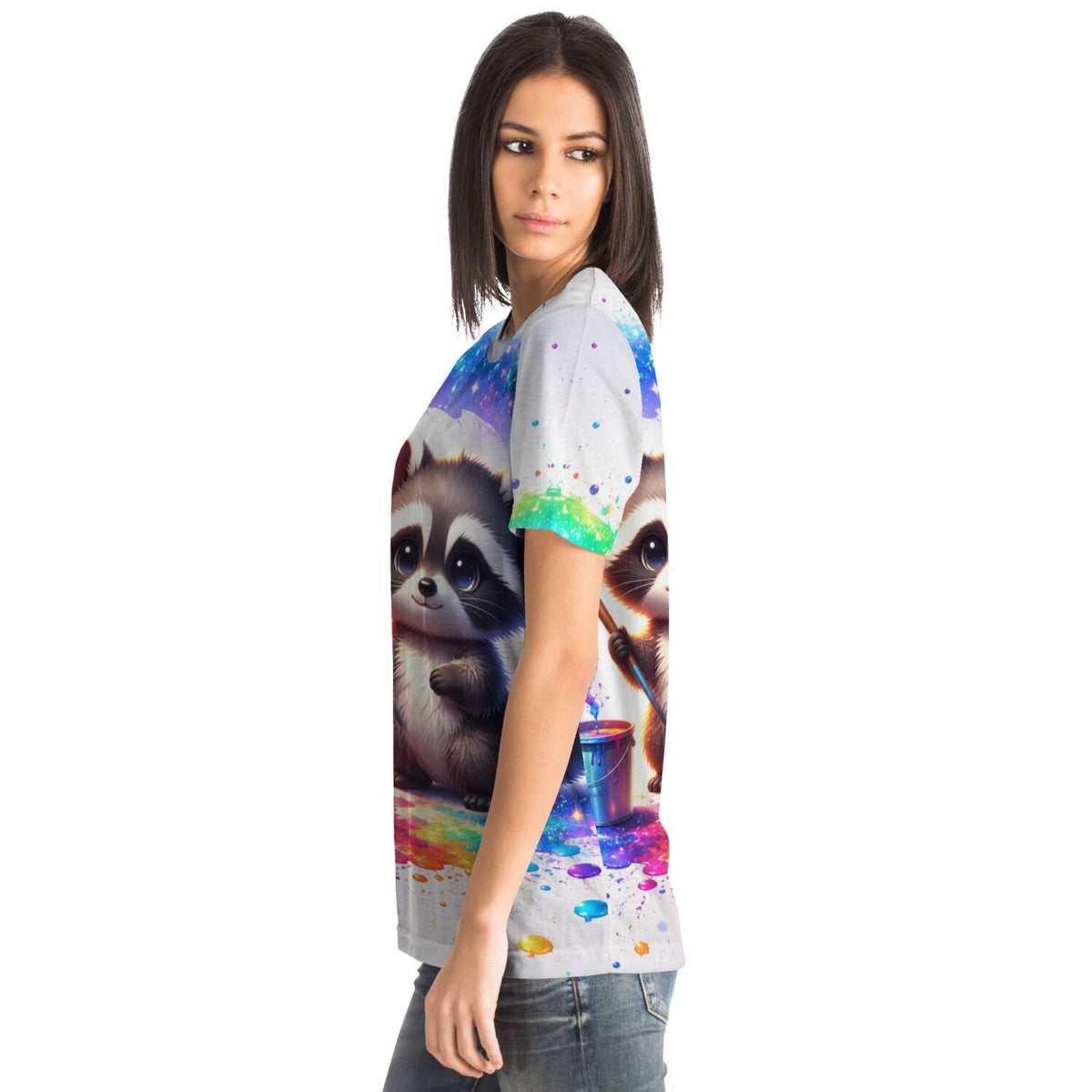 Weißes Damen T-Shirt mit buntem Waschbär-Motiv und Farbspritzern, ideal für Fans von Malen nach Zahlen und Diamond Painting